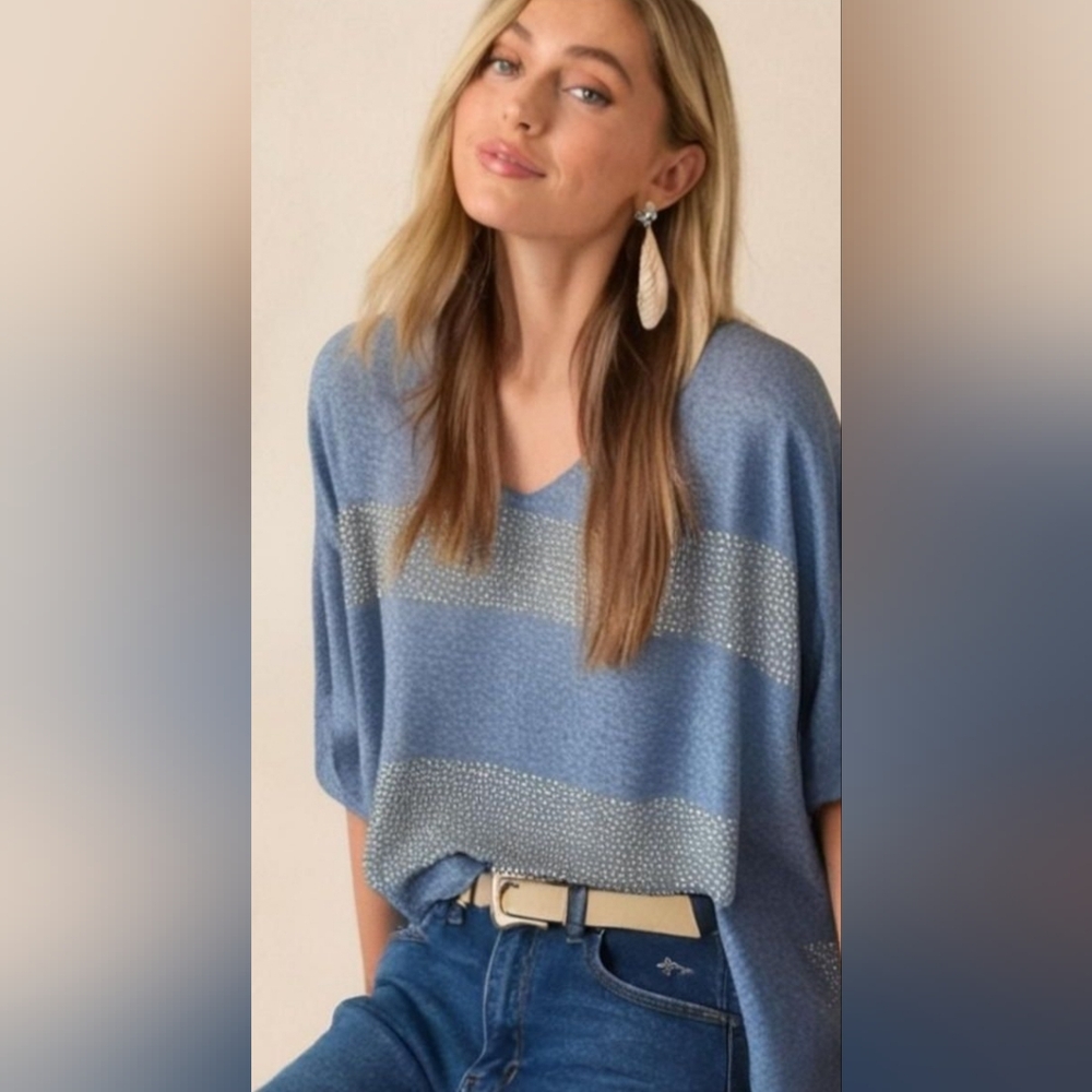 Jennifer Lopez Blue and Gray Dolman 3/4 Sleeve Fleece Top